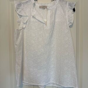 LOFT White Floral Eyelet Flutter Sleeve Blouse